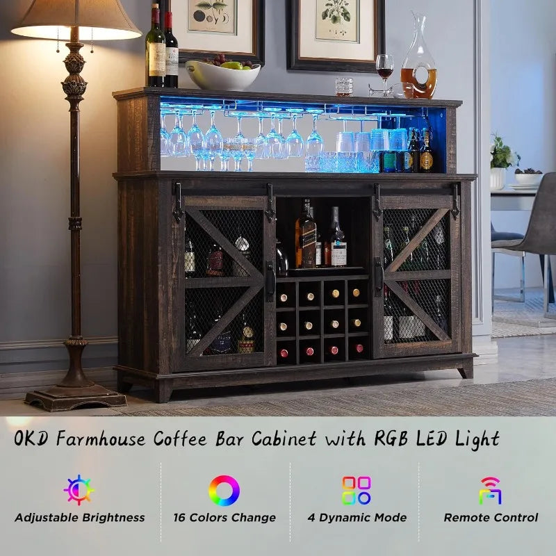 Farmhouse Coffee Bar Cabinet with LED Lights 55