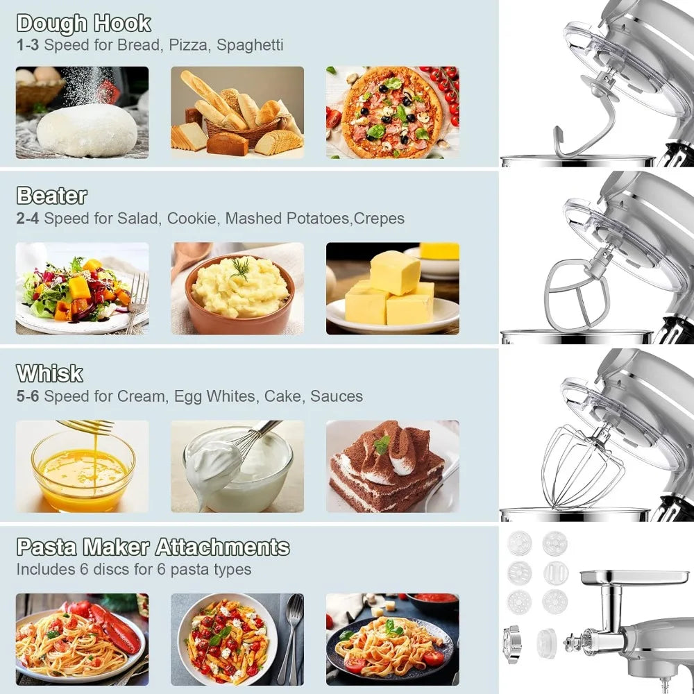 6 IN 1 Multifunctional Electric Kitchen Mixer with 6.5QT Stainless Steel Bowl, 1.5L Glass Jar, Meat Grinder, Dough Hook, Whisk