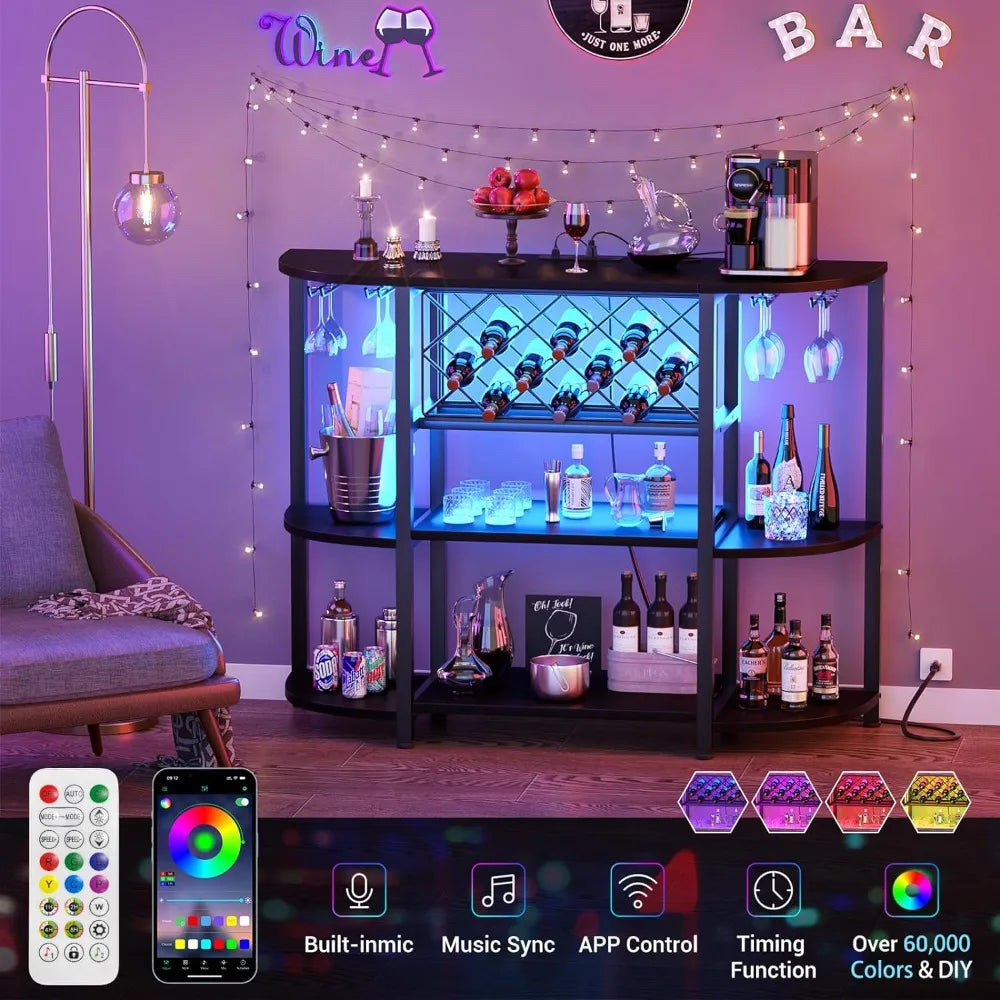 4-Tier Metal Coffee Bar Cabinet LED Light